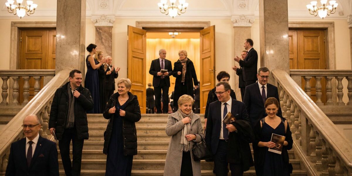 Elegancko ubrani widzowie schodzą po marmurowych schodach w reprezentacyjnym foyer Auli Uniwersyteckiej w Poznaniu, trzymając w rękach programy koncertu – kadr z przerwy lub zakończenia noworocznego występu Filharmonii Poznańskiej otwierającego rok 2026 walcem.