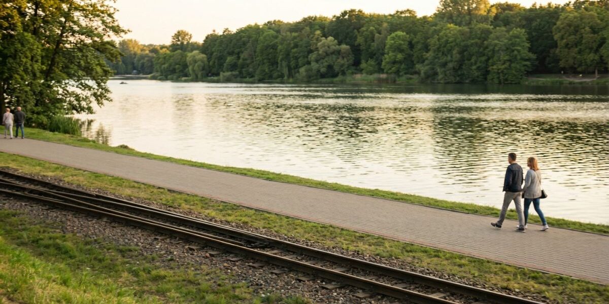 Letnie popołudnie nad Jeziorem Maltańskim w Poznaniu; pary spacerują deptakiem wzdłuż wody, obok biegną tory kolejki wąskotorowej, a po drugiej stronie tafli widać pas zielonego lasu, co pokazuje Maltę jako całoroczne miejsce rekreacji i ruchu w mieście.