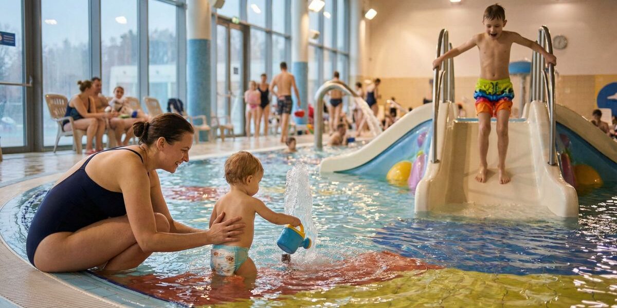 Mama z maluchem w brodziku i chłopiec na zjeżdżalni w krytym aquaparku – pomysł na Poznań z dziećmi bez stresu.