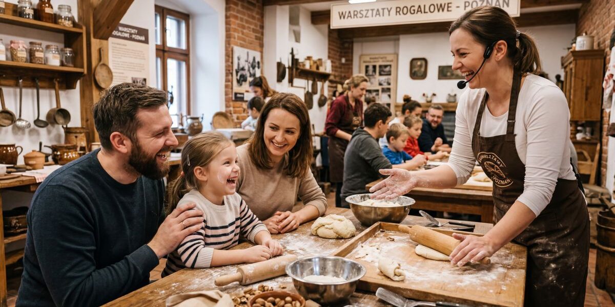 Rodzina z dzieckiem bierze udział w edukacyjnych warsztatach kulinarnych w muzeum w Poznaniu, poznając tradycję i historię w angażujący sposób.