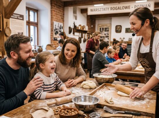 Rodzina z dzieckiem bierze udział w edukacyjnych warsztatach kulinarnych w muzeum w Poznaniu, poznając tradycję i historię w angażujący sposób.