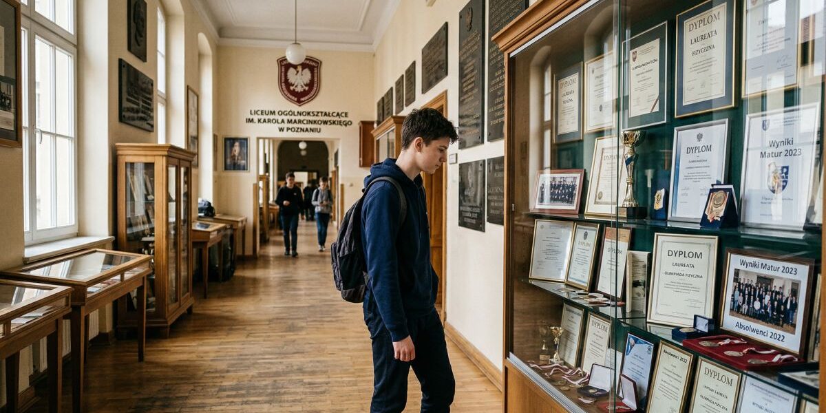 Uczeń ogląda gablotę z dyplomami i wynikami matur w poznańskim liceum, ilustrując temat najlepszych liceów w Poznaniu i rywalizacji o edukacyjny prestiż.