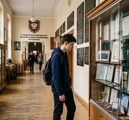 Uczeń ogląda gablotę z dyplomami i wynikami matur w poznańskim liceum, ilustrując temat najlepszych liceów w Poznaniu i rywalizacji o edukacyjny prestiż.