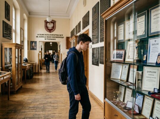 Uczeń ogląda gablotę z dyplomami i wynikami matur w poznańskim liceum, ilustrując temat najlepszych liceów w Poznaniu i rywalizacji o edukacyjny prestiż.