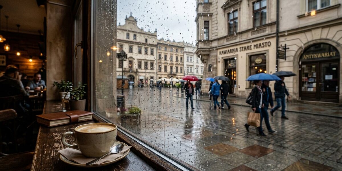 Deszczowy dzień w centrum Poznania widziany zza mokrej szyby kawiarni
