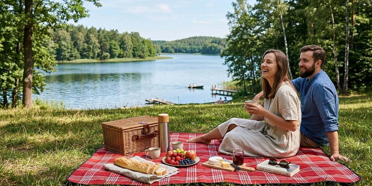 Koc piknikowy z koszem na trawie w parku, w tle drzewa i tafla jeziora
