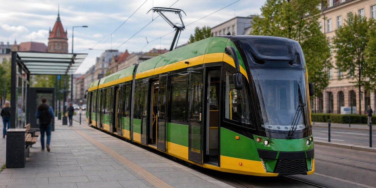 Tramwaj poznańskiej komunikacji miejskiej na przystanku w centrum miasta