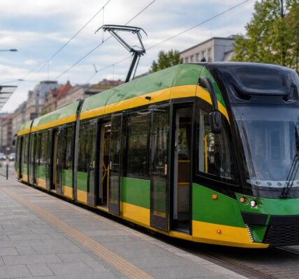 Tramwaj poznańskiej komunikacji miejskiej na przystanku w centrum miasta