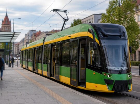 Tramwaj poznańskiej komunikacji miejskiej na przystanku w centrum miasta