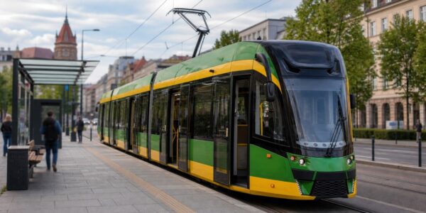 Tramwaj poznańskiej komunikacji miejskiej na przystanku w centrum miasta