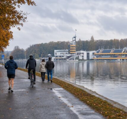 Ścieżka wzdłuż brzegu Jeziora Maltańskiego w Poznaniu jesienią, z drzewami w jesiennych kolorach