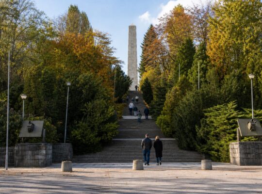 Główne schody do Parku Cytadela w Poznaniu z pomnikiem i drzewami w jesiennych kolorach