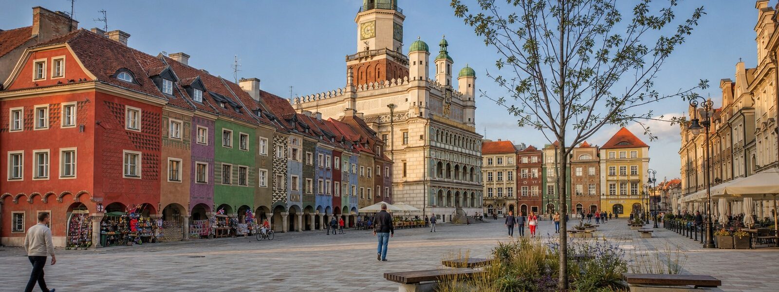 Płyta Starego Rynku w Poznaniu z nową granitową kostką, latarniami i wyspami zieleni przy ratuszu