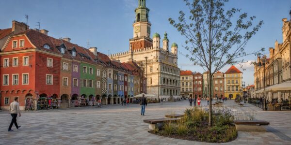 Płyta Starego Rynku w Poznaniu z nową granitową kostką, latarniami i wyspami zieleni przy ratuszu