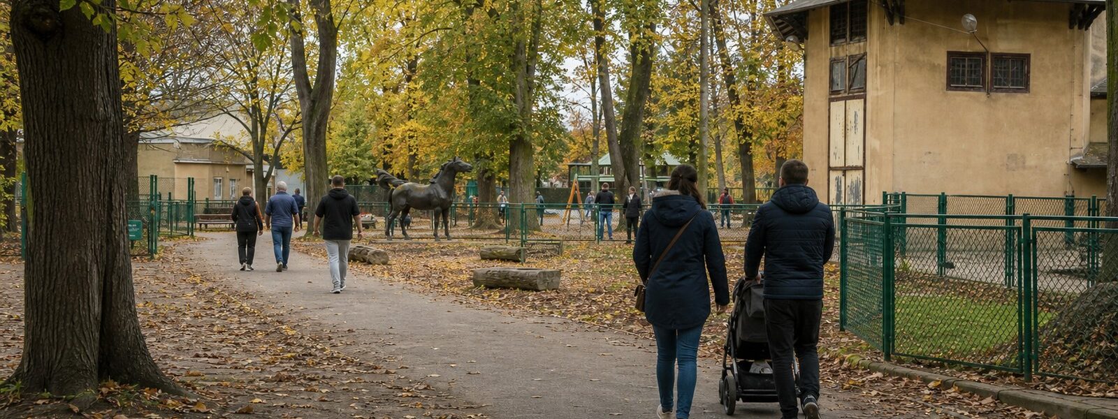 Alejka Starego ZOO w Poznaniu jesienią, po lewej zabytkowa woliera, w tle stare drzewa i spacerowicze