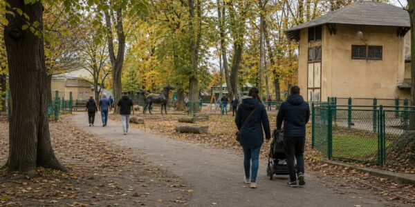 Alejka Starego ZOO w Poznaniu jesienią, po lewej zabytkowa woliera, w tle stare drzewa i spacerowicze