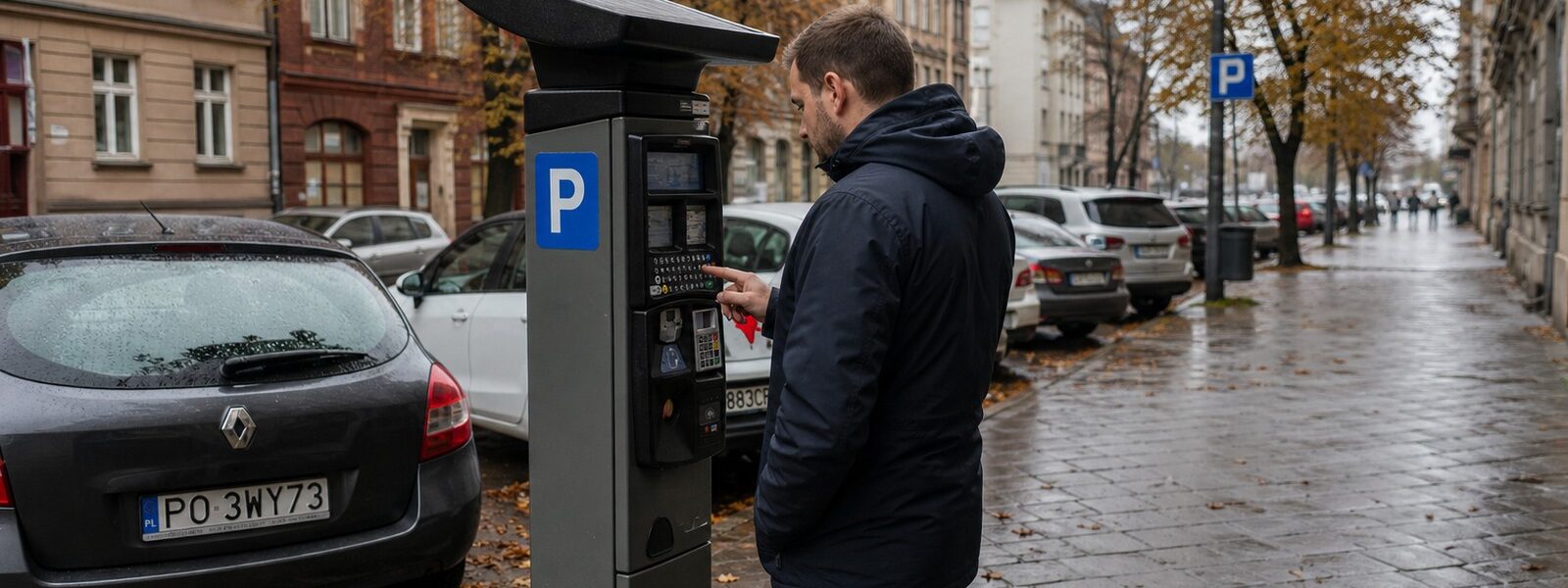 Parkomat i zaparkowane samochody przy kamienicach w centrum Poznania, oznakowanie strefy płatnego parkowania