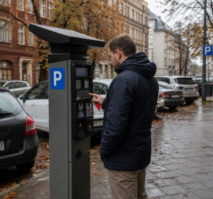 Parkomat i zaparkowane samochody przy kamienicach w centrum Poznania, oznakowanie strefy płatnego parkowania