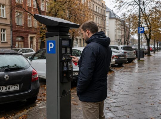 Parkomat i zaparkowane samochody przy kamienicach w centrum Poznania, oznakowanie strefy płatnego parkowania