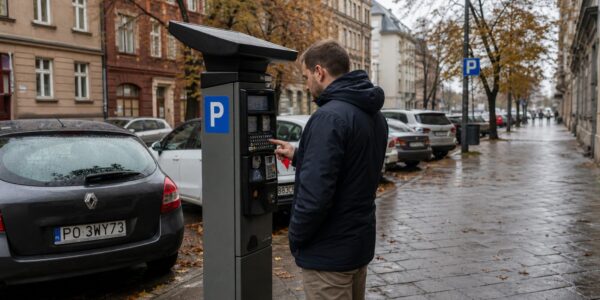 Parkomat i zaparkowane samochody przy kamienicach w centrum Poznania, oznakowanie strefy płatnego parkowania